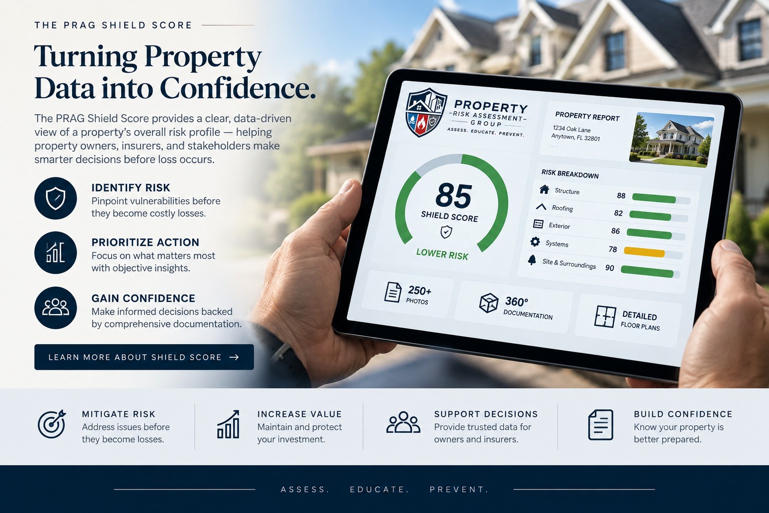 Illustrative PRAG Shield Score property risk dashboard on a tablet